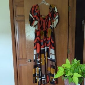 Cato Orange and Black Puff Sleeve Sundress